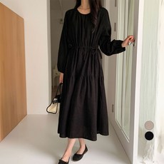 afinar 女士燈芯絨抓皺長洋裝, 黑色