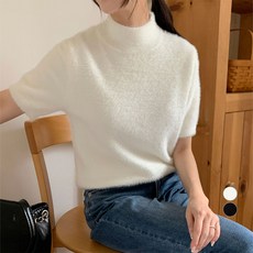 afinar 女款羽毛紗半高領短袖針織衫