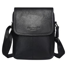 Xiao Duo Li LEATHER 頭層牛皮雙層男士豎款肩背包, 黑色