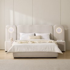 스칸디아 데니아 호텔 기능성 패브릭 침대 + LED 협탁 2p + 파워 본넬스프링 매트리스 세트 방문설치, 아이보리