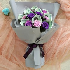 晨香香皂花鈔票花束10入 + 燈飾 + 提袋 + 設計隨機明信片1入, 紫色