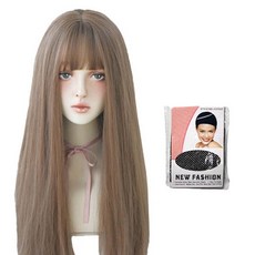 Innerwin 長直髮全頂假髮 58cm+髮網套組, 1個, 灰棕色