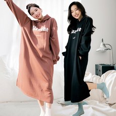 테라우드 여성용 뽀송 기모 루즈핏 후드 원피스 잠옷 2종 세트