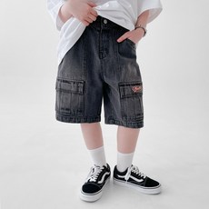 BerryCloset 男童 前方霓虹丹寧褲 兒童 青少年 上學 校園風 五分牛仔短褲