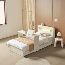 보니애가구 문스테이 LED 조명 USB 서랍 수납 침대 프레임 + 베이직 매트리스 + 베드테이블 세트 방문설치, 화이트