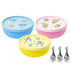 KOM 316不鏽鋼兒童隔熱碗附湯匙+食品級矽膠碗蓋, 隔熱碗 + 上蓋 + 湯匙, 獅子 + 企鵝 + 鯨魚, 1組
