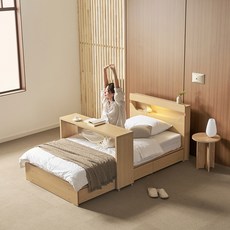 보니애가구 문스테이 LED조명 USB 서랍 수납 호텔 침대 + 올시즌 매트리스 + 베드테이블 세트 방문설치, 네츄럴