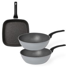 QUEEN SENSE Daily平底鍋3件組, 灰色, 方形平底鍋 27cm+炒鍋 26cm 2入, 1組