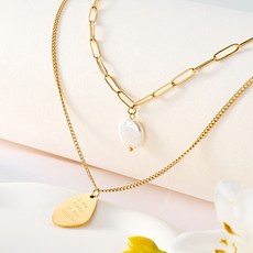 노이드비 여성용 써지컬스틸 클립체인 진주 레이어드 두줄 목걸이