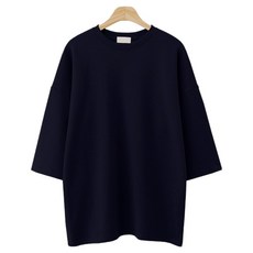 M.N.C 男女通用寬鬆版型七分袖T恤 MDLT366DE, 海軍藍