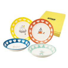 yamaka 山加商店 彩繪陶瓷深盤禮盒 Set 4件組 (178461) 日本產, 4件組(直徑21.5 x 4cm), 嚕嚕米 黃色 + 橘色 + 藍色 + 綠色, 1組