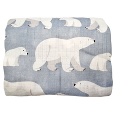OhBabyLying 多功能紗布包巾 120 x 110cm 藍底北極熊 親膚透氣, 藍色