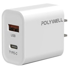 POLYWELL 寶利威爾 雙孔PD充電頭 20W Type-A + Type-C, 白色, 1個