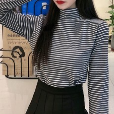 Goodif 女款條紋高領修身基本款長袖高領T恤