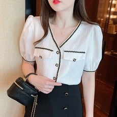 LUNAGIRL 拼色壓紋泡泡袖襯衫