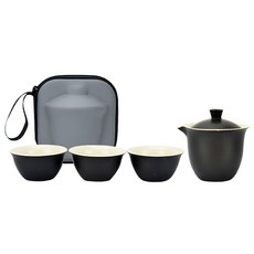 LifeHouse 陶瓷旅行茶具組, 茶壺 + 茶杯3個 + 收納包, 黑色, 1組