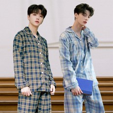 테라우드 남성용 면 기모 체크 긴팔 잠옷 상하의 2p 세트