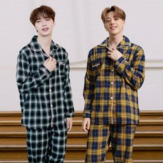 테라우드 남성용 면 기모 체크 긴팔 잠옷 상하의 2p 세트