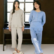 테라우드 여성용 거즈 순면 긴팔 잠옷 상하의 2종 세트
