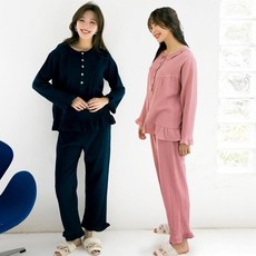 테라우드 여성용 거즈 순면 긴팔 잠옷 상하의 2종 세트
