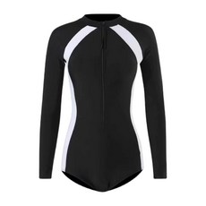 成人拉鍊連體泳衣，長袖，M-2XL尺碼, XXL, 黑底白條