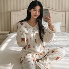 Cozytory 女款蕾絲小熊睡眠長袖睡衣套裝