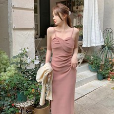 피어니스트 볼륨 리본 끈나시 롱 원피스