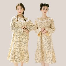 테라우드 여성용 면기모 프릴 카라 긴팔 파자마 원피스 2p 세트