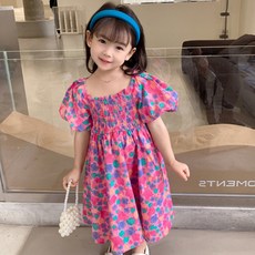 Orenjidaom 女童花瓣泡泡袖抓皺洋裝