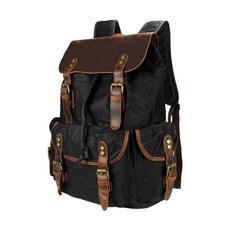 過蠟防潑水帆布配頭層瘋馬牛皮男士大容量雙肩包/後背包/登山包/男包, 黑色, 1個