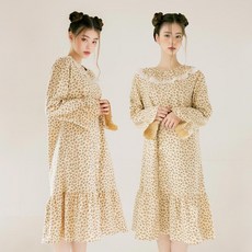 테라우드 여성용 면 기모 체크 긴소매 파자마 원피스 2p