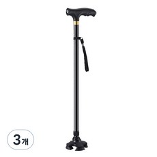 마샤투 LED 높이조절 미끄럼방지 노인 지팡이 네발, 블랙, 3개