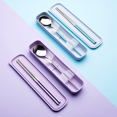 Bloom at home 馬卡龍成人便當湯匙+筷子+收納盒2人組, 紫色, 藍色, 1套, 湯匙+筷子+收納盒 2件組