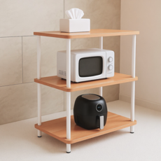 오브민 LPM 스틸프레임 조립식 수평조절 렌지대 진열장 다용도선반 수납장, 우드 + 화이트, 3단