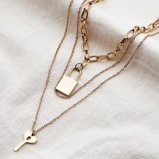 노이드비 여성용 써지컬스틸 사슬 초커 3줄 체인 열쇠 자물쇠 목걸이 + 선물 포장 패키지