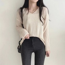 Elsso 女款V領寬鬆版型Muitbat蝙蝠袖透膚針織衫