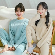 테라우드 여성용 심플 베이직 긴팔 잠옷 상하 2세트
