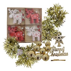 摩達客 聖誕裝飾配件包組~木質彩繪紅白麋鹿金系列 (不含聖誕樹/燈), 1組, 2尺樹適用