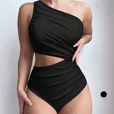 MEICHEL 挖洞簡約瑪瑙黑抓皺連身泳衣, 黑色