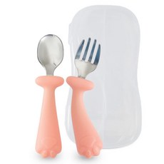 Firgi 可彎曲自主學習嬰兒副食品不鏽鋼湯匙 + 叉子 + 收納盒組, 1套, 莓果粉
