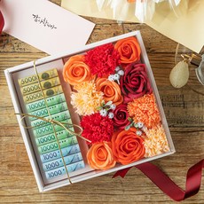 BeautifulDecoSense 香皂花人造花零用錢盒 + 感謝信封 + 鈔票捲筒 12p + 韓式包巾 + 高級流蘇 + 提袋組, 紅色