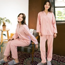 테라우드 여성용 클래식 체크 순면 긴팔 잠옷 상하의 세트 2p