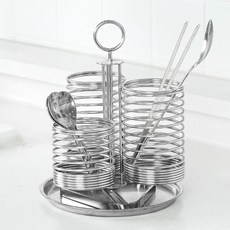 Login 全不鏽鋼304線材3孔彈簧餐具筒 + 瀝水盤底座, 銀色, 1個