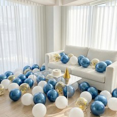 뷰라뷰 파티풍선 50p + 공기펌프 + 10m 리본 1롤, 06 블루 + 화이트 + 골드스팽글, 1세트