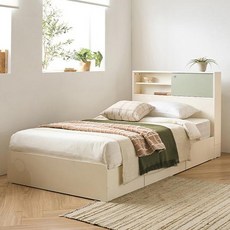 리바트 커먼베드 자녀가구 슬라이딩 선반형 도어 서랍형 침대 프레임 단품 방문설치, 화이트 + 그린도어