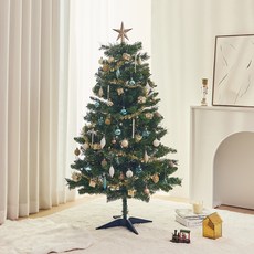 크리스마스 무장식 트리 + 오너먼트 트리장식 100p + LED 줄조명 200구 + 리모콘 세트, 그린(트리), 실버블루(오너먼트), 웜 화이트(조명)