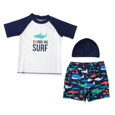 momasong 男童分體泳衣 短袖上衣 + 泳褲有綁帶 + 帽