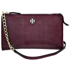 TORY BURCH 雙T-LOGO皮革拉鍊斜背包 S1067318, 酒紅色