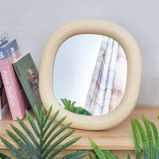 馬卡龍色圓形壁掛桌上型鏡, 奶油色