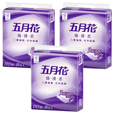 五月花 絲滑柔可沖面紙 3層, 8包, 3袋